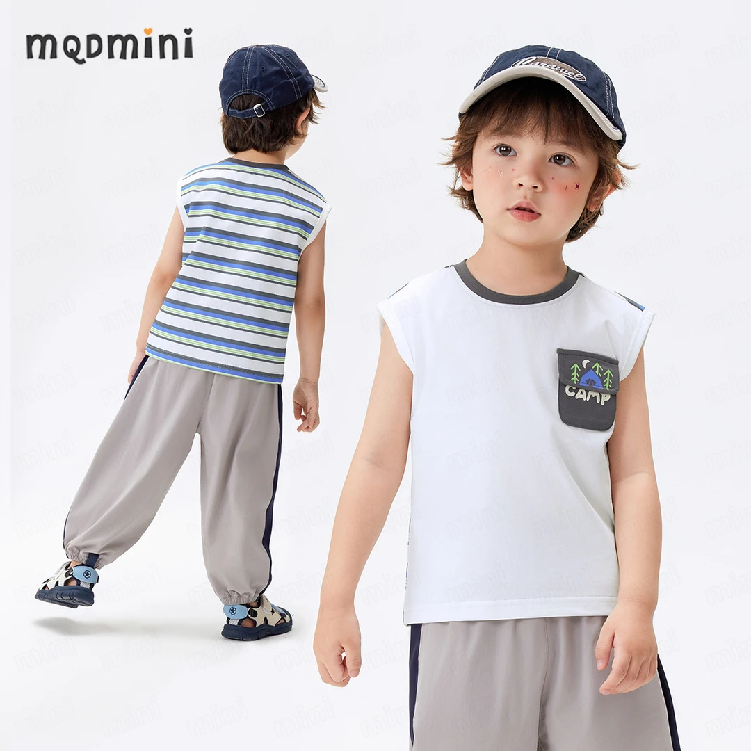 MQDMINI儿童童装背心2025年夏季薄款男童短袖休闲透气条纹百搭T恤