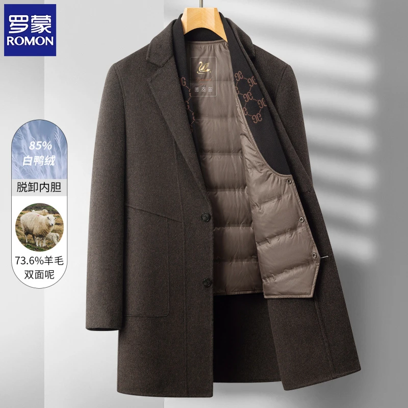 罗蒙男羊毛大衣秋冬加绒加厚中长款双面呢韩式外套高级感2025新款