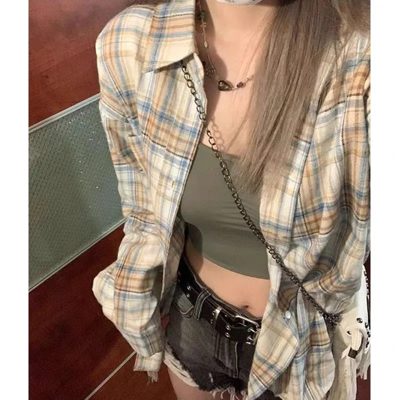 现货秋季百搭新款格子长袖女士衬衫休闲宽松韩版设计感衬衣外穿