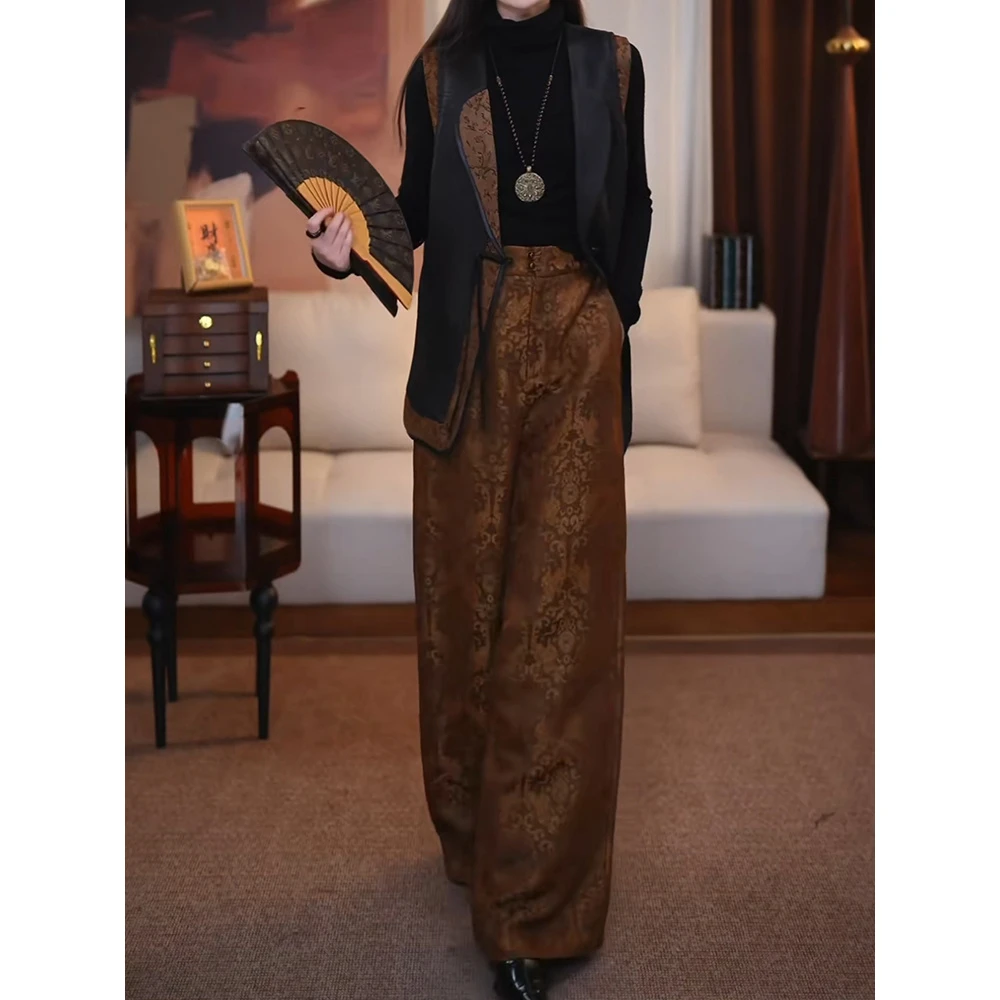 新中式高端气质撞色拼接马甲裤套装2025秋新时尚通勤印花宽松两件