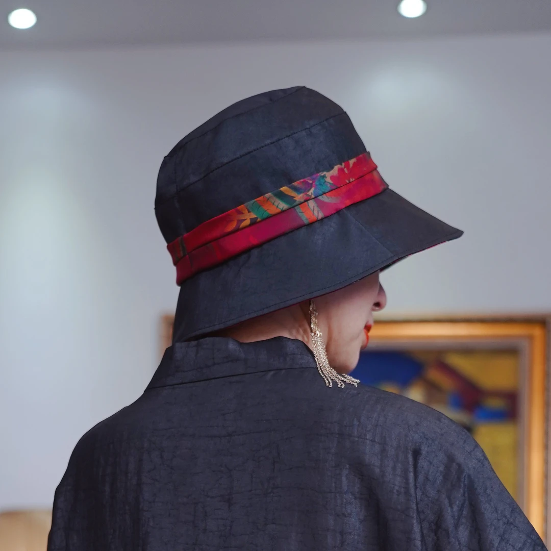 复古中国风女士黑龟香云纱拼色百搭遮阳渔夫帽帽子-S2S7272