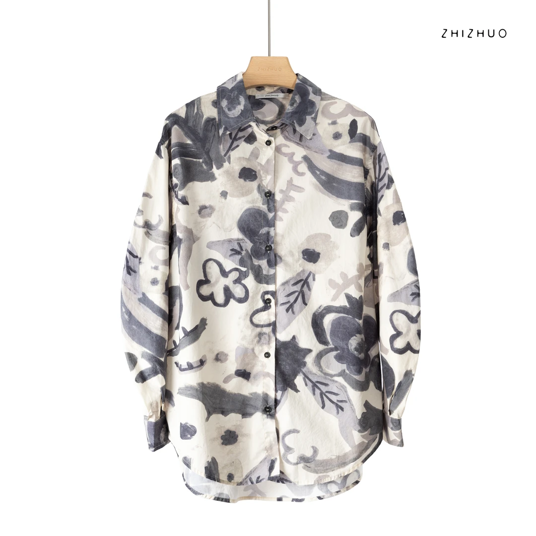 ZHIZHUO/水墨淡然 水墨印花时尚百搭休闲宽松长袖衬衫