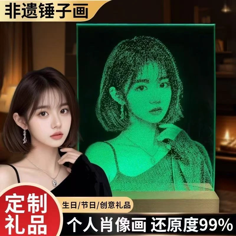 【定制】彩色锤子画节日送女友闺蜜礼物宝宝宠物明显纪念玻璃画