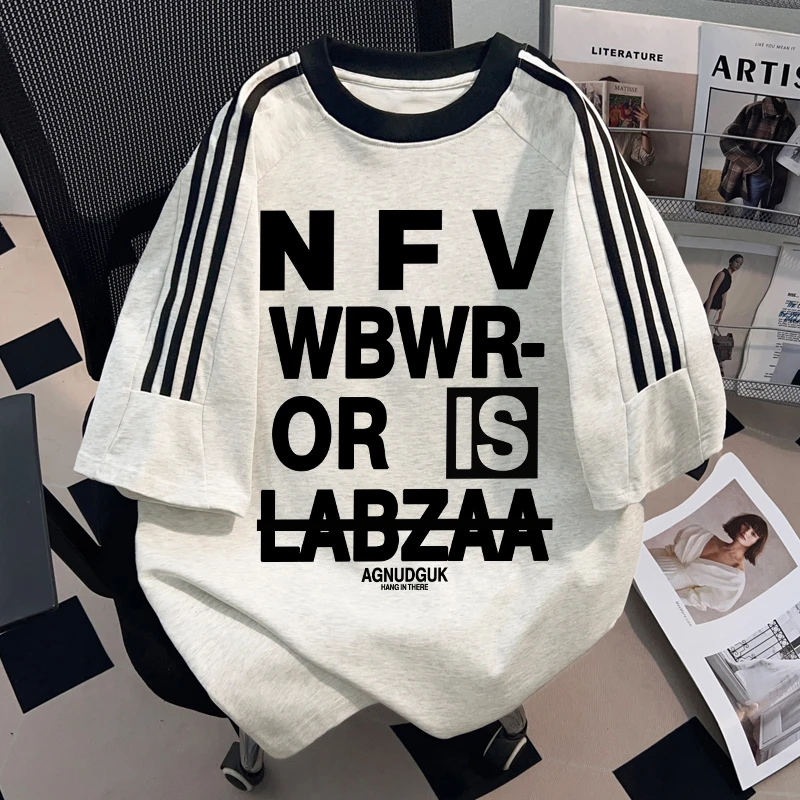 男女童夏季新款ins潮牌字母印花纯棉三条杠t恤短袖插肩学院风上衣