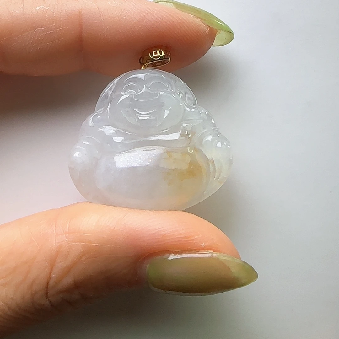 翡翠18K金镶嵌颈饰天然缅料A货 肚里藏金佛公