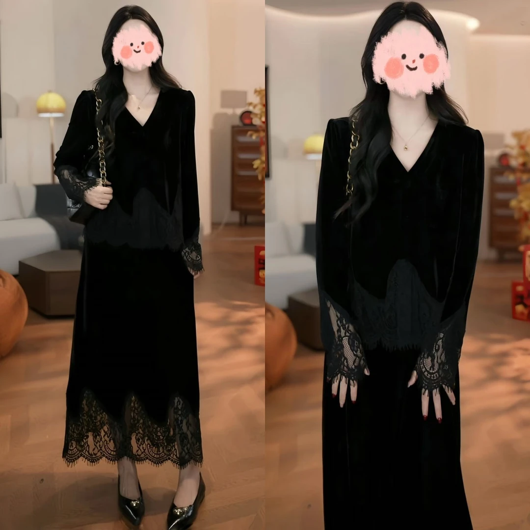 2025网红爆款时尚洋气黑色显瘦气质蕾丝拼接丝绒绝美早春套装裙