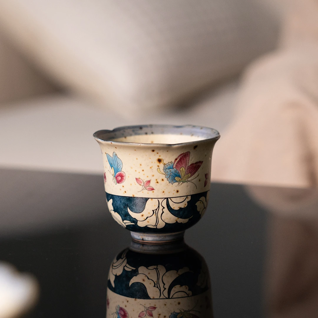 火石蝶恋花陶瓷茶杯家用中式茶具品茗杯闻香杯新中式茶道茶杯