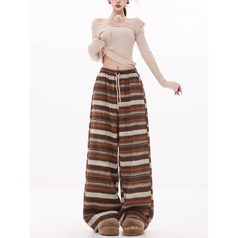 ABWEAR 松茶可可-原创慵懒条纹毛呢休闲裤女2024新款松紧腰直筒裤