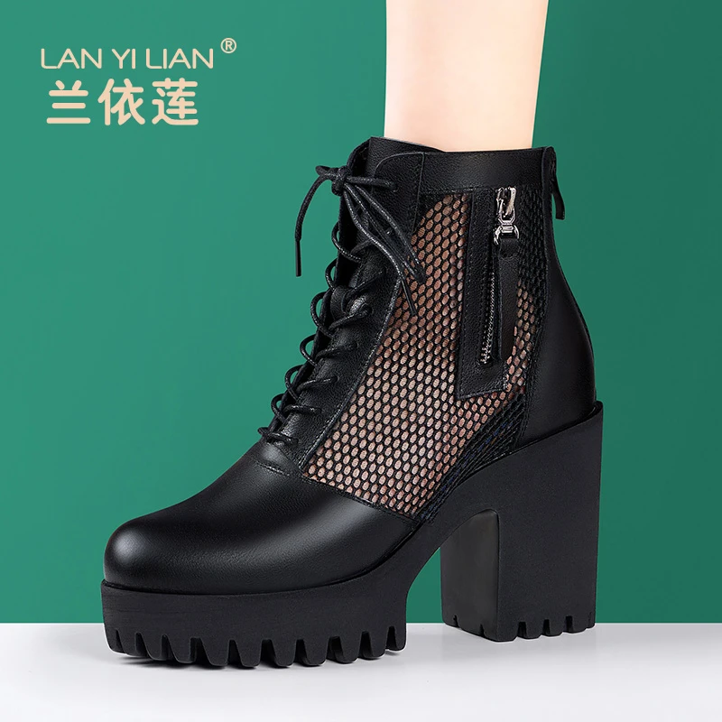 2025夏季新款粗跟厚底镂空透气马丁靴女真皮百搭短筒网靴走秀凉靴