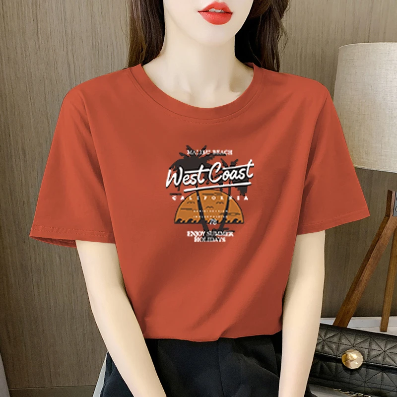 【200克重磅冰瓷棉T恤】短袖女夏季新款时尚百搭大码印花圆领上衣女
