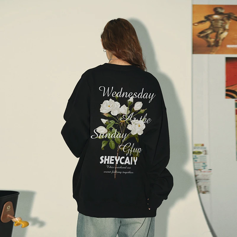 美式潮牌日系纯棉重磅圆领无帽宽松加绒加厚情侣卫衣男女秋冬上衣