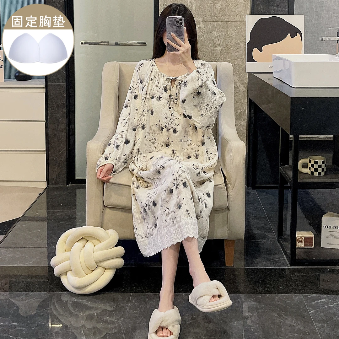 田园风水墨花朵睡裙女生带胸垫简约长袖睡衣春秋季新款宽松家居服