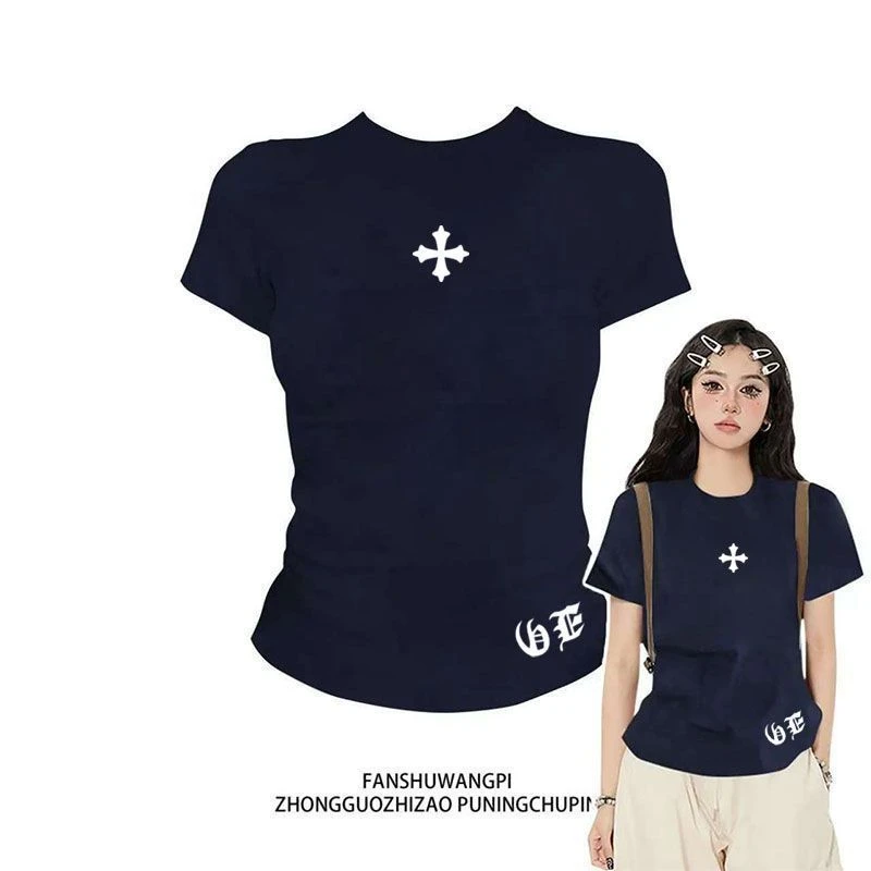 【ZHAP】新款圆领正肩短袖t恤女藏青色美式修身通勤chic叠穿百搭