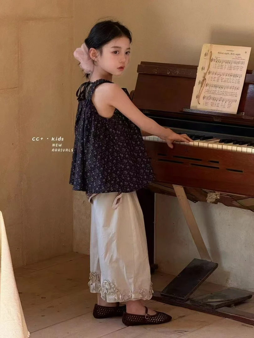 薄款纯棉小清新碎花韩版女夏季套装童装复古宽松木耳花边裤连衣裙