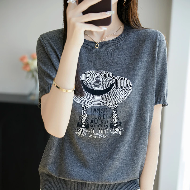 夏季圆领短袖提花女草帽毛针织衫宽松设计感洋气上衣针织衫12384