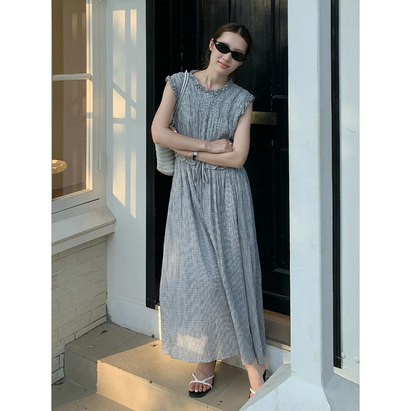 高品质格子花边领短袖连衣裙2025夏季新款高级感A字长裙