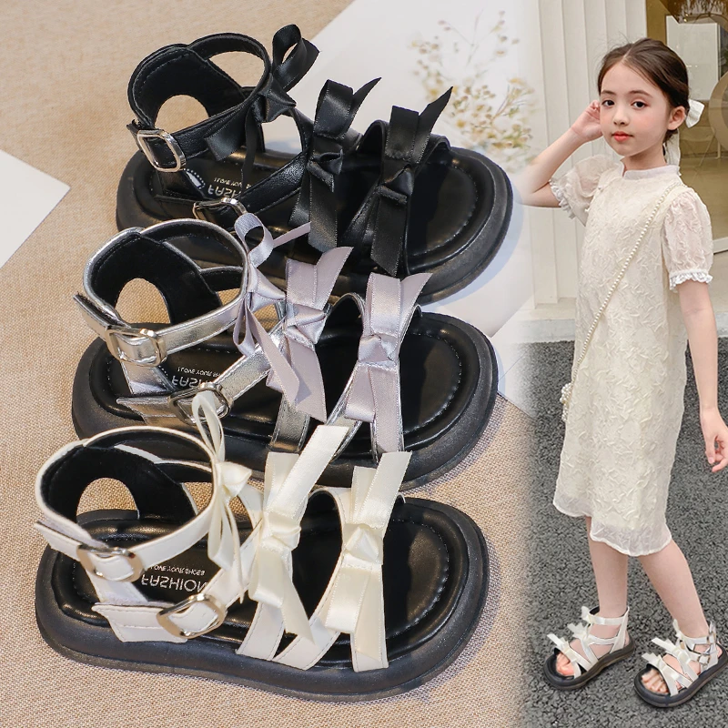 女童高帮凉鞋2025夏天儿童新款蝴蝶结公主鞋小女孩罗马洋气沙滩鞋