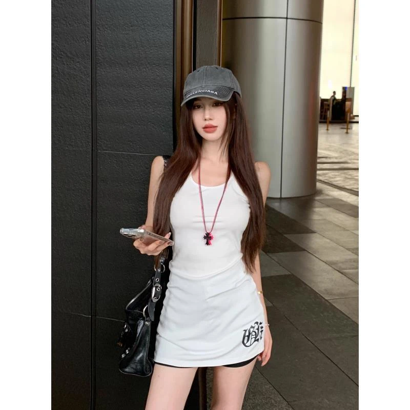 白色印花修身吊带背心女夏季小众打底内搭辣妹无袖中长款上衣外穿