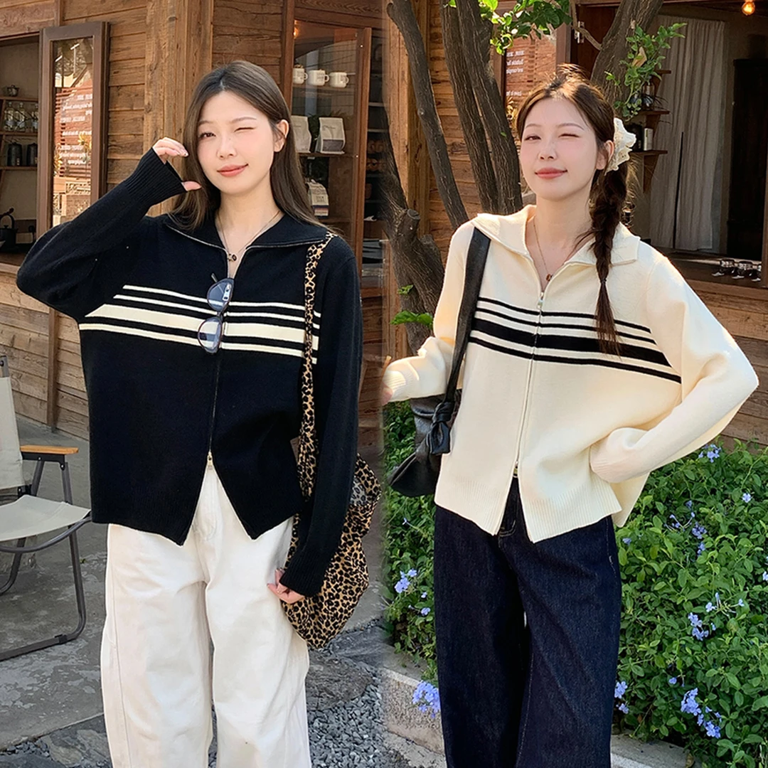 大码美美哒2025春季双拉链针织开衫慵懒宽松条纹毛衣外套