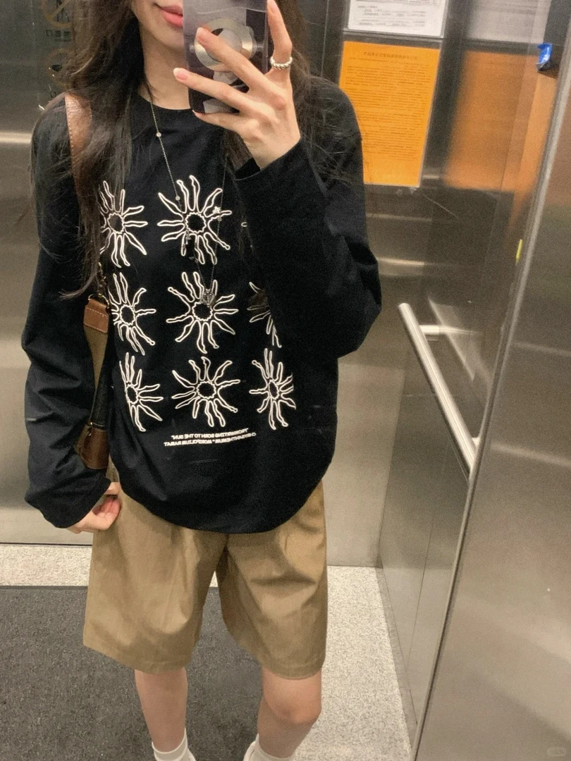 美式复古太阳花长袖t恤女春秋季2025新款ins宽松慵懒风设计感上衣