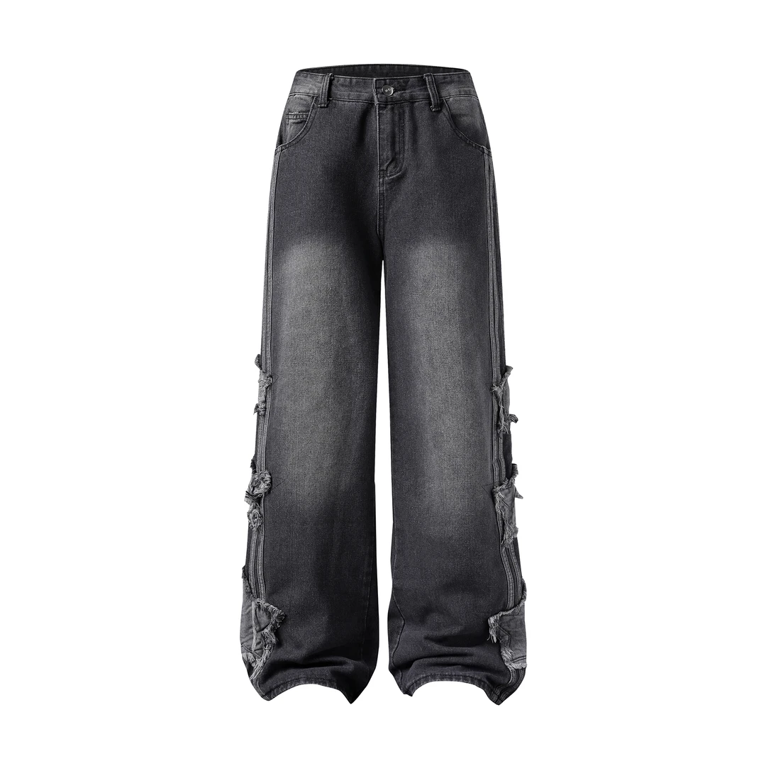 潮牌星星贴布美式高街牛仔裤欧美街头直筒阔腿裤百搭