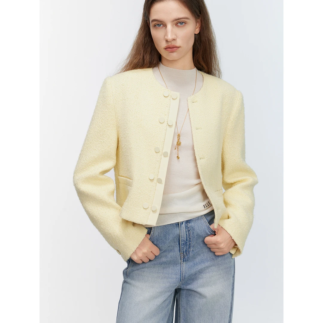 ELLE法式小香风人字纹短款外套女2025春季新款高级感气质EF50819