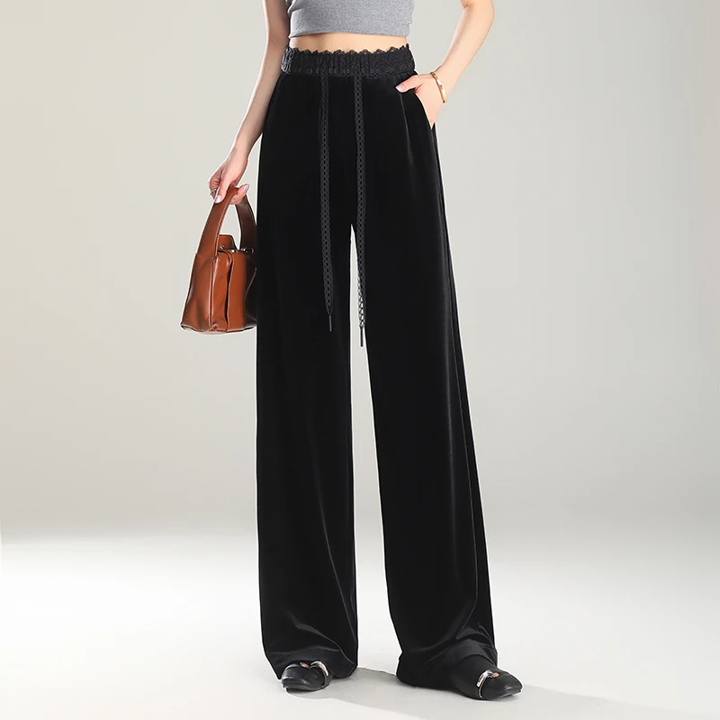 拉夏贝尔金丝绒阔腿裤女2025春秋季新款松紧高腰百搭拖地直筒裤子