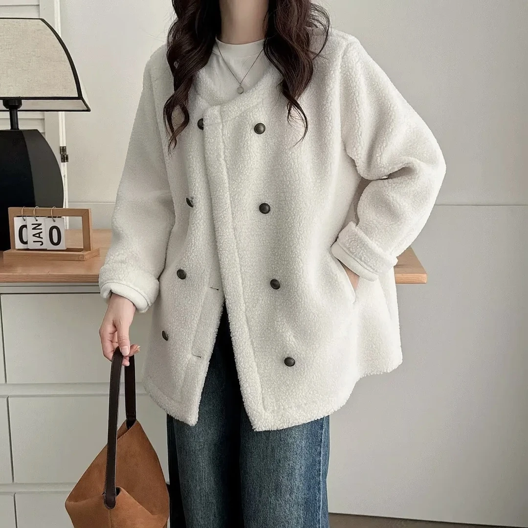 2大码双排扣卷毛外套冬季保暖宽松韩版ins上衣遮肉加厚气质百搭衫