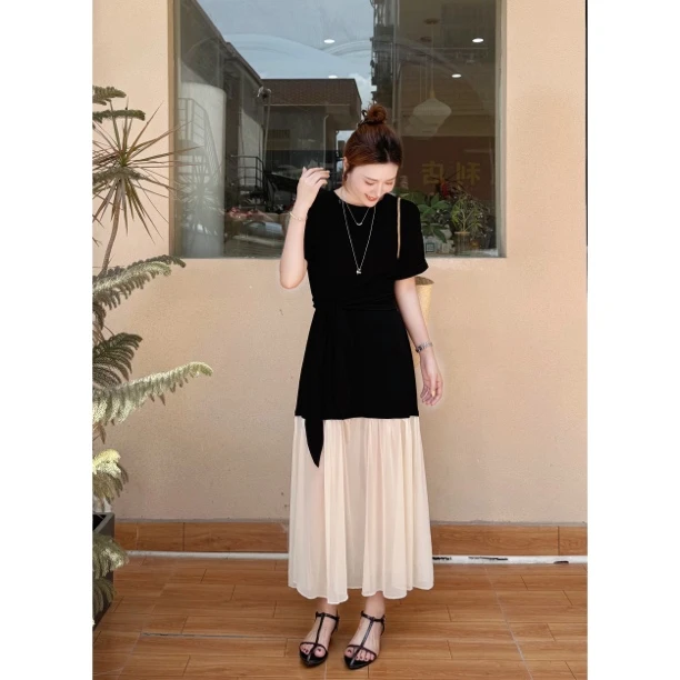 Sunshine【缓存浪漫】法式高质小众拼接收腰系带设计感连衣裙长裙