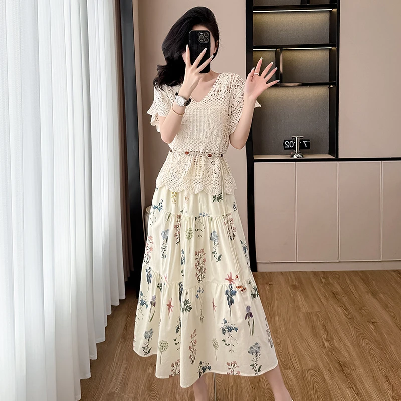 2025夏季复古新款法式镂空罩衫碎花连衣裙三件套女设计感减龄套装