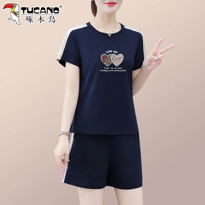 啄木鸟纯棉运动套装女夏薄款2025新款宽松显瘦中年妈妈休闲两件套