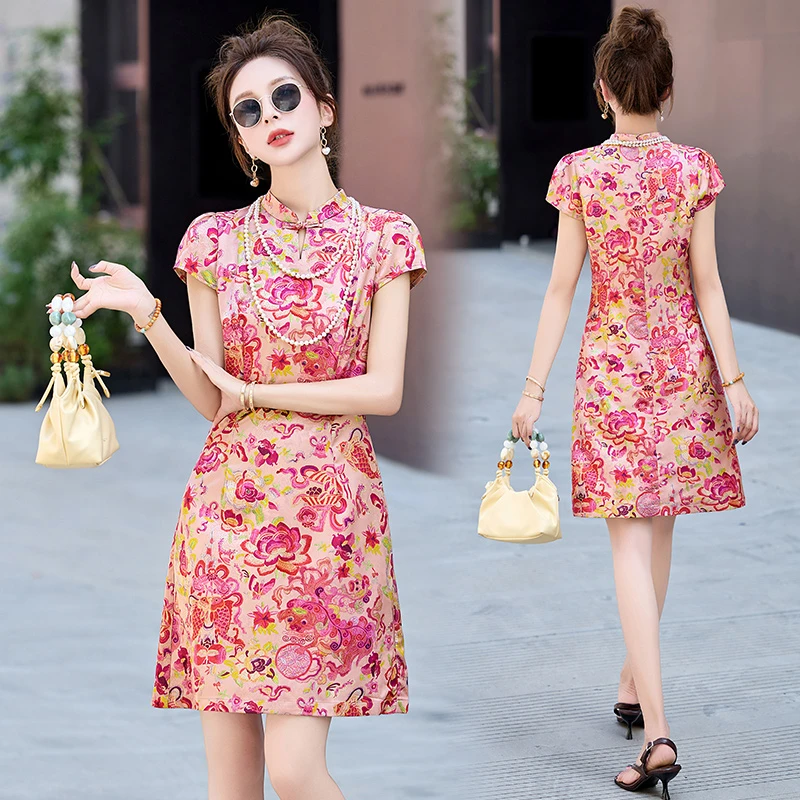 新中式国风连衣裙女夏季小个子修身显瘦复古提花改良旗袍中长裙子