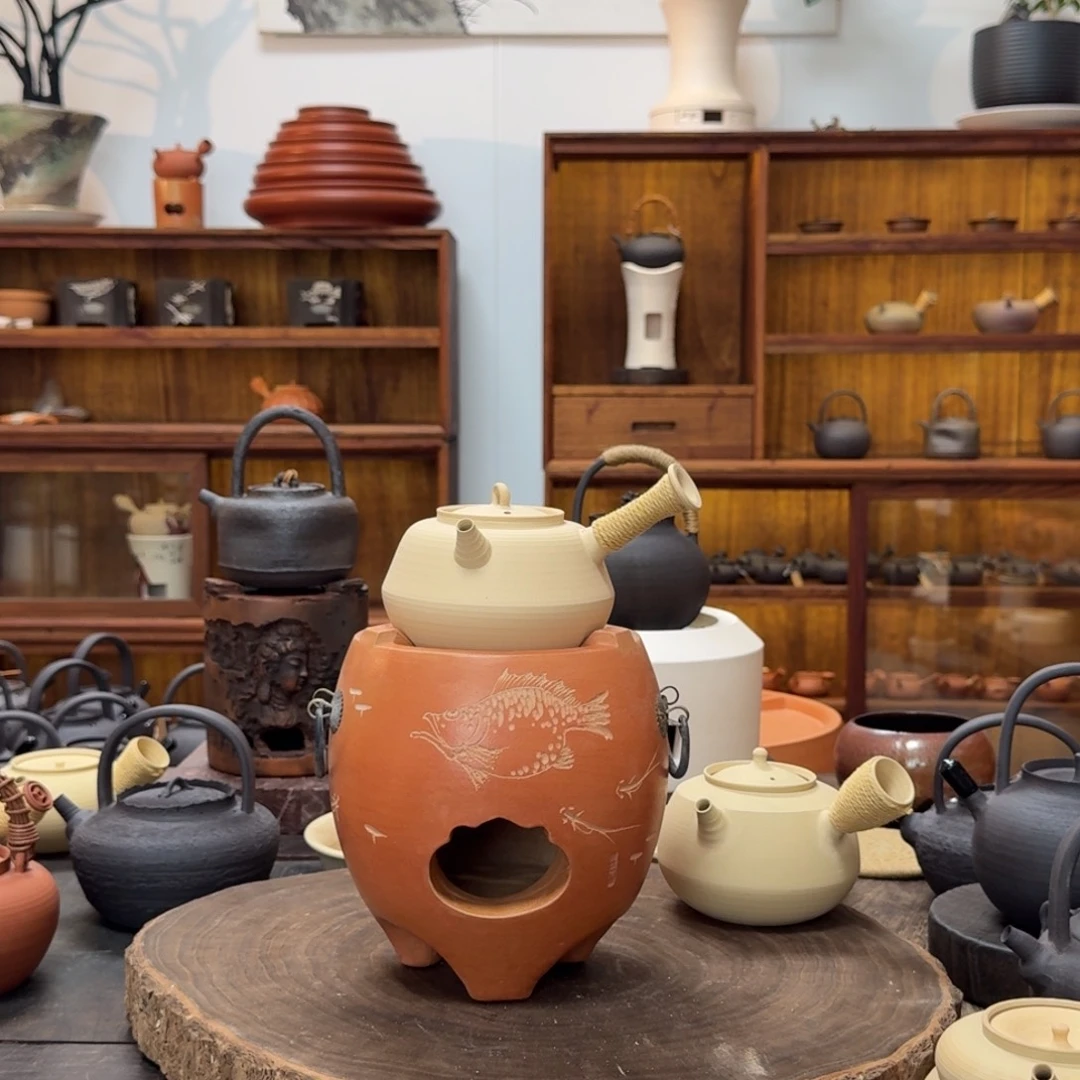 者***聚双层大力士刻绘鱼搭白泥侧把砂铫一套