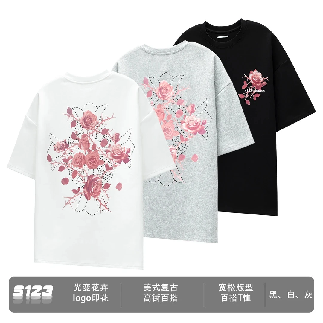 夏季新款短袖男女同款宽松百搭光变花卉logo印花半袖T恤上衣