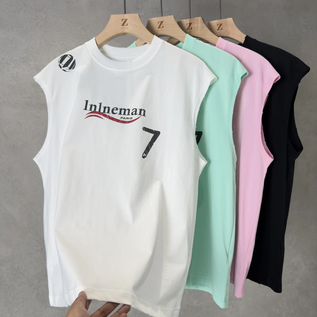 2025春夏新款美式复古个性时尚百搭坎袖背心舒适清爽潮流休闲短袖