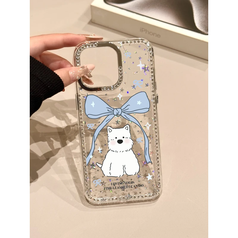 可爱蓝蝴蝶结西高地适用苹果15pro手机壳闪钻边框16/14防摔保护壳