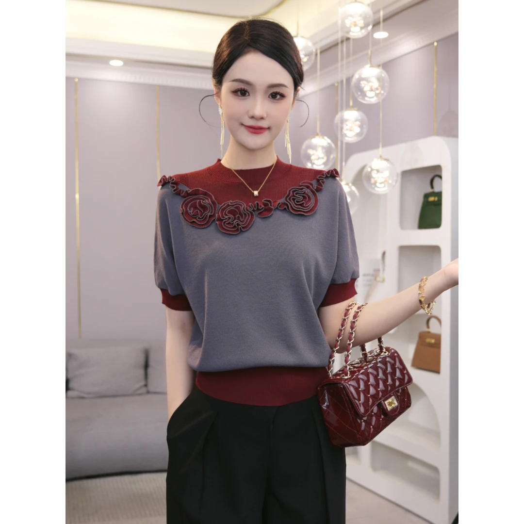 唐熹2025夏季新款【QQ-1009】曲珠冰麻灰色宽松休闲冰丝针织小衫女