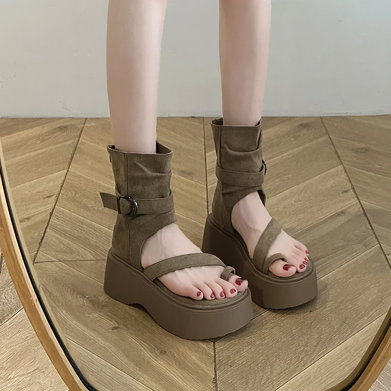 复古厚底罗马凉靴女2025夏季新款时尚套趾高帮凉鞋增高后拉链短靴