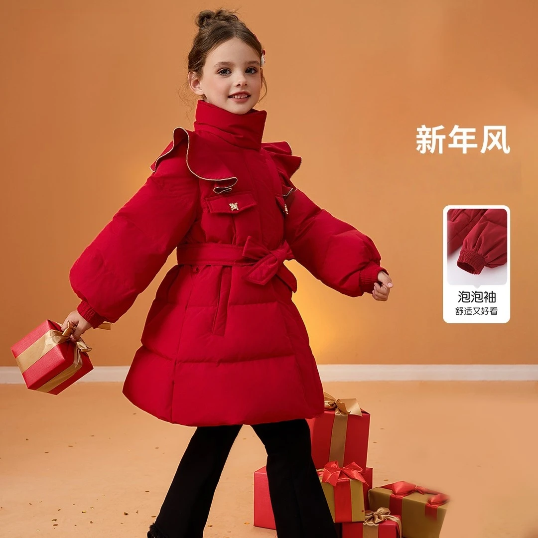 2025新款冬季新年风红色女童羽绒服儿童保暖时尚女孩拜年服装