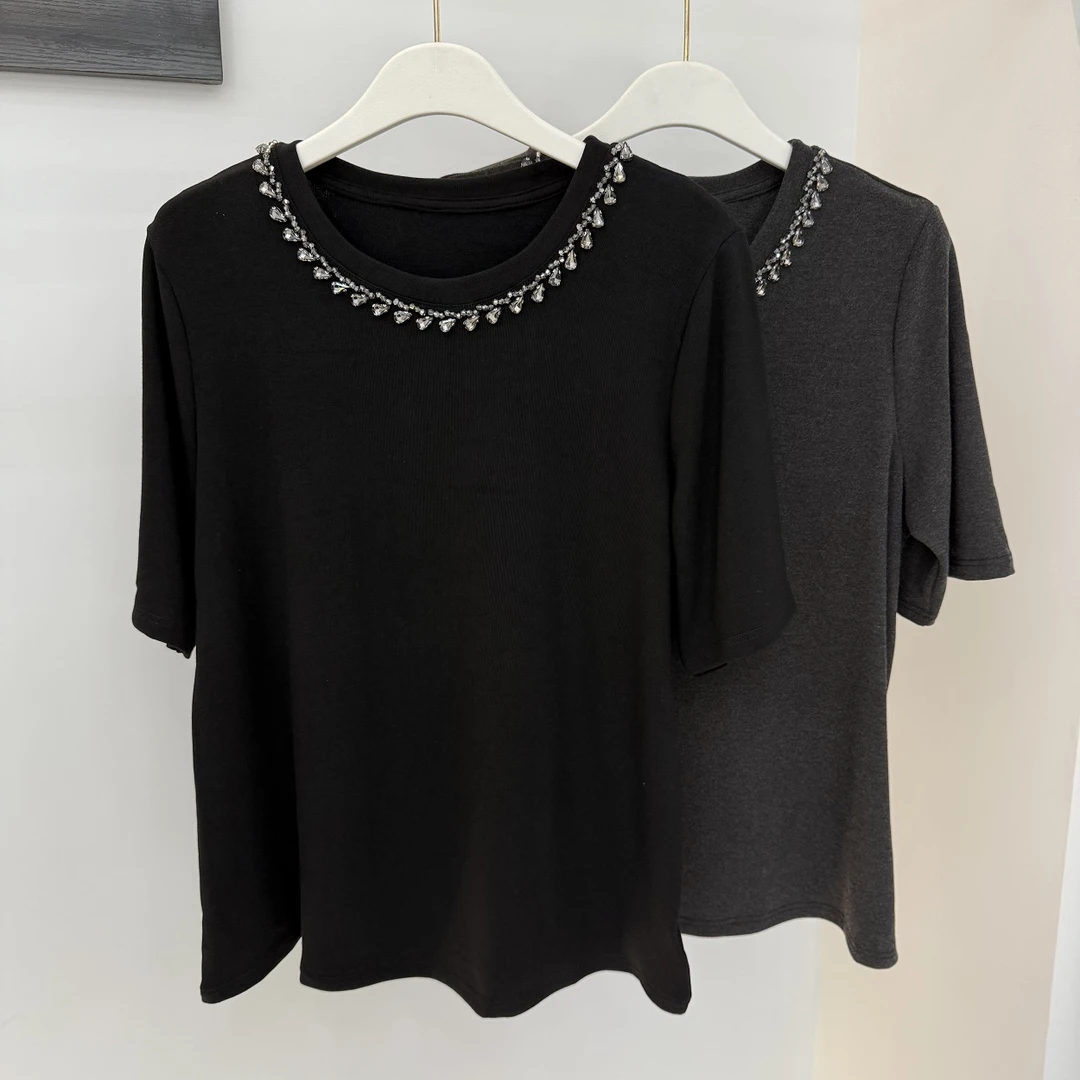 【晓琳】2025春季新款时尚百搭纯色圆领镶钻短袖上衣