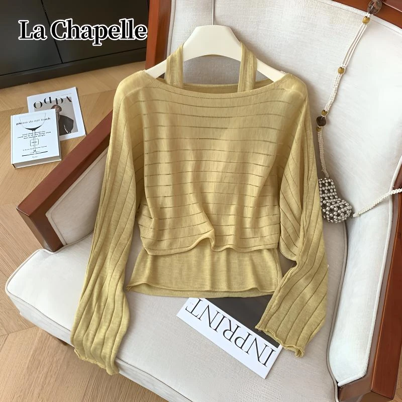 拉夏贝尔秋季新款显瘦针织长袖叠穿挂脖背心女韩系条纹百搭两件套