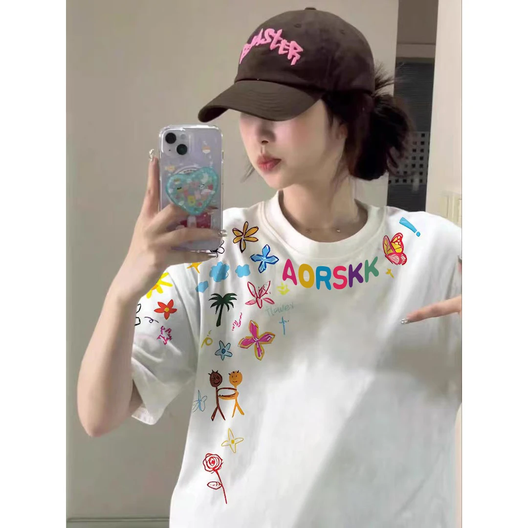 【ZHAP】韩系甜美T恤2025夏季新款圆领短袖穿搭宽松上衣潮