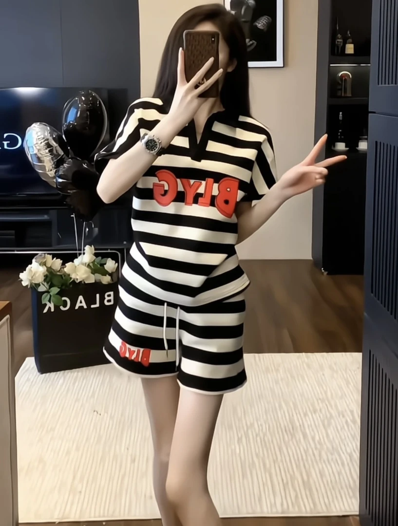 休闲风时尚套装休闲网红短袖polo短裤减龄洋气运动宽松夏季