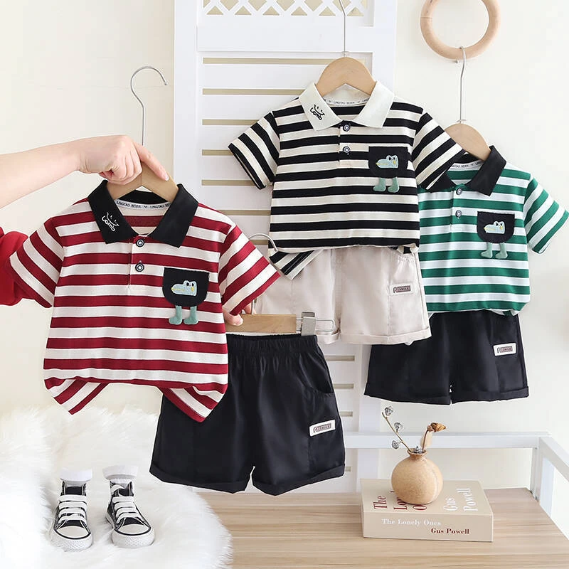 男童夏装拼色POLO衫套装2025夏季新款宝宝条纹翻领男小童夏季套装