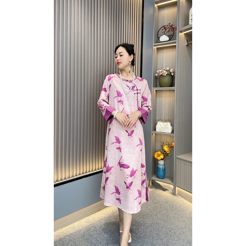 碟恋3555新款洋气国风圆领袖口拼色妈妈装优雅气质遮肉连衣裙
