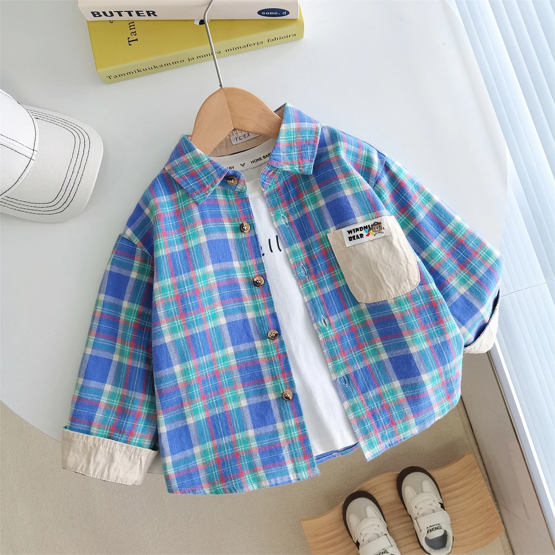【秋季磨毛】2025新款格子男童长袖衬衫上衣外套小童装儿童宝宝衬衣