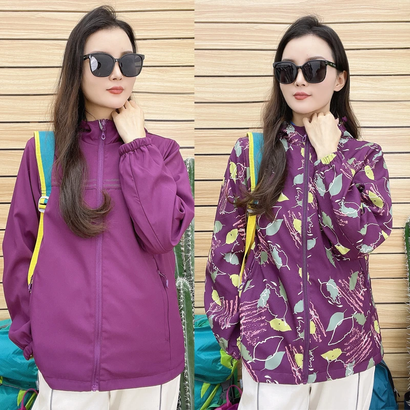 1108户外双面穿冲锋衣枫叶迷彩女休闲印花休闲连帽春秋季透气外套