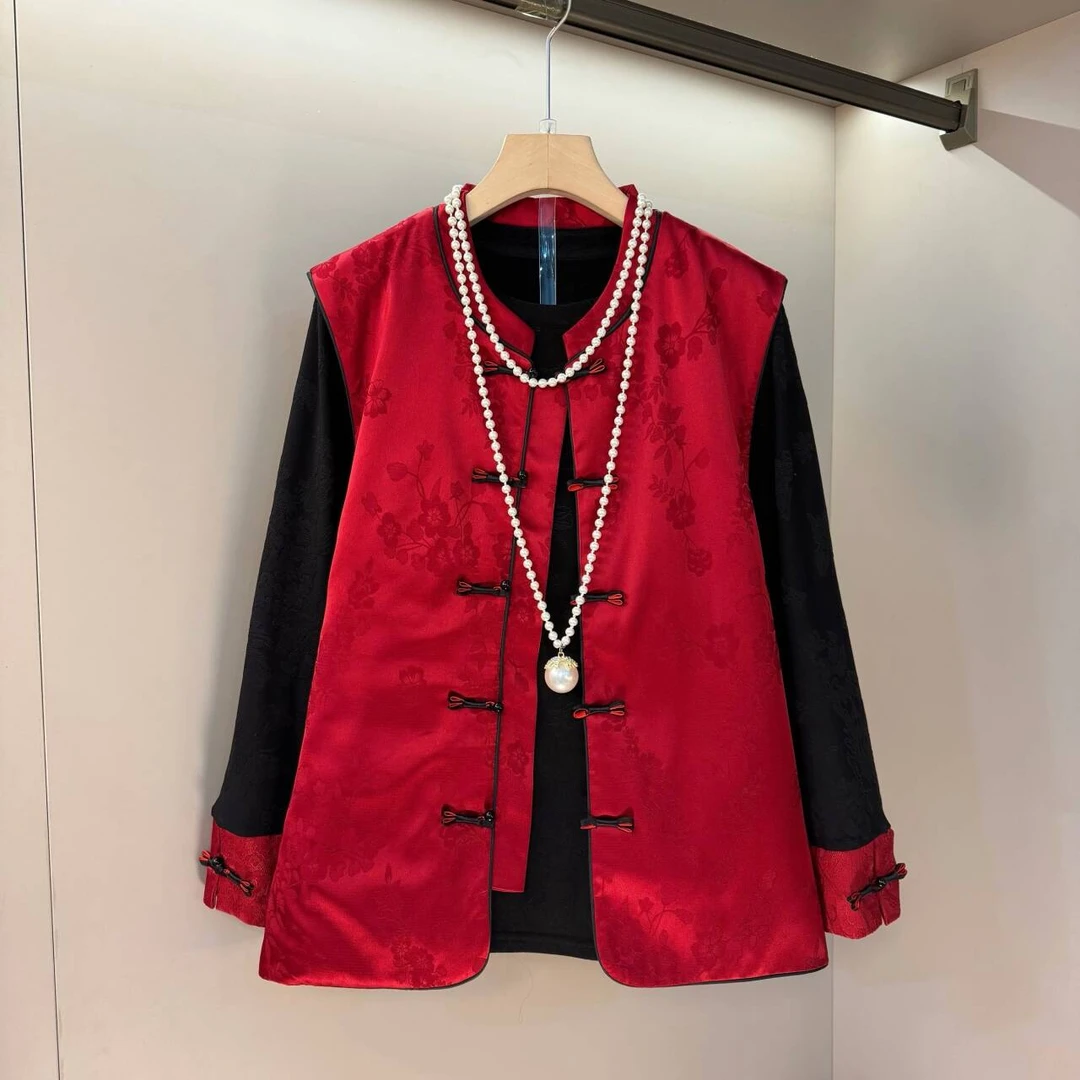 新年2025喜庆款款内搭拼接袖口+盘扣气质马甲俩件套上衣套装中式