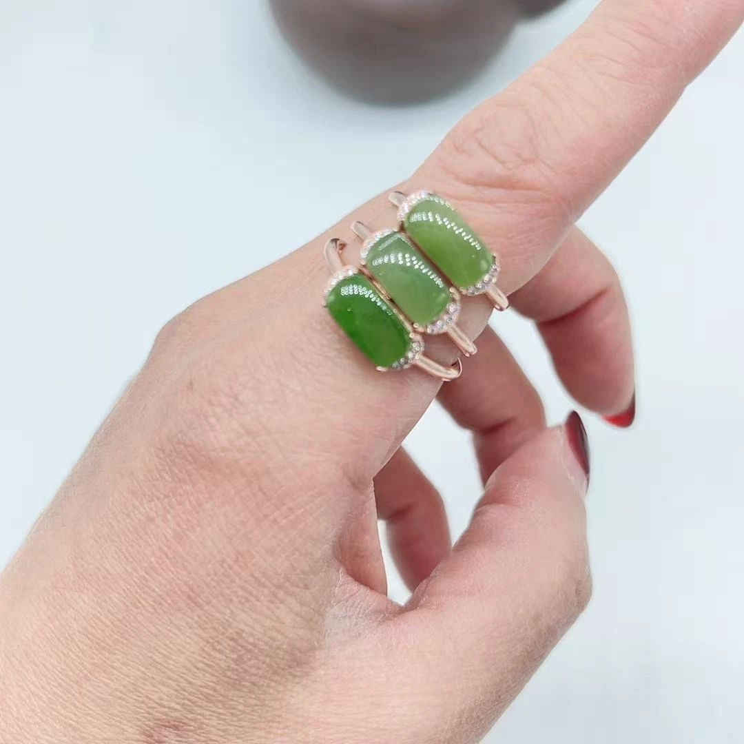 【玉美人曌璞阁】银镶和田碧玉戒指约卡10（多样性发货拍一发一）