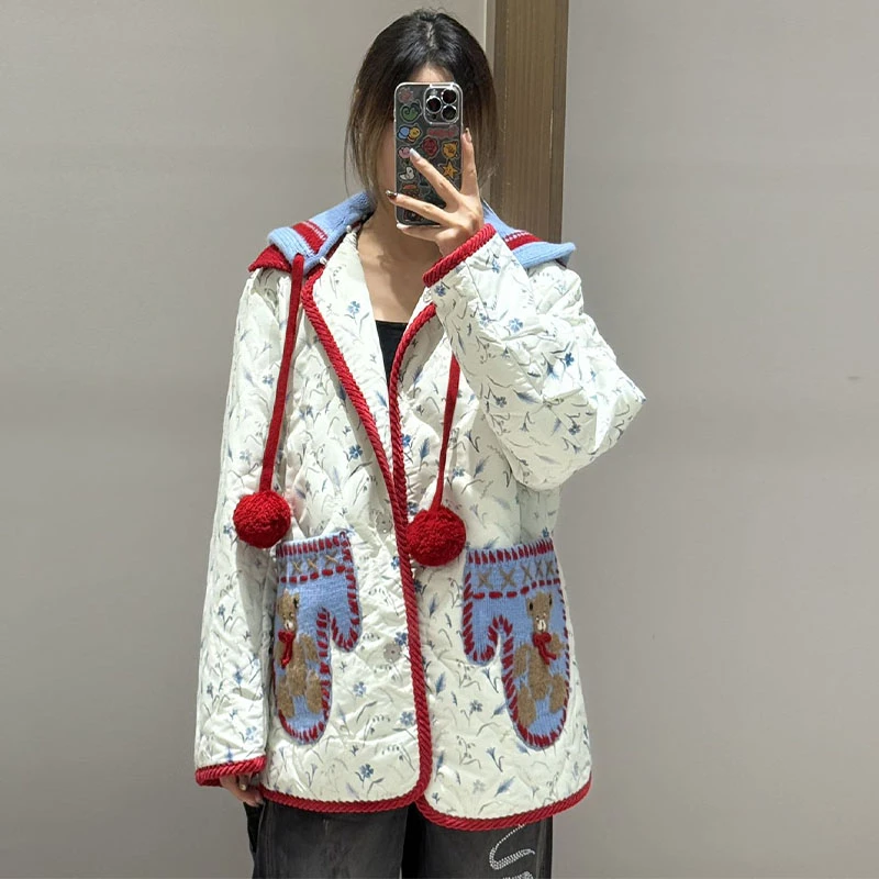 【现货】FORDARE/福蝶25秋冬小熊手套毛织连帽棉服外套